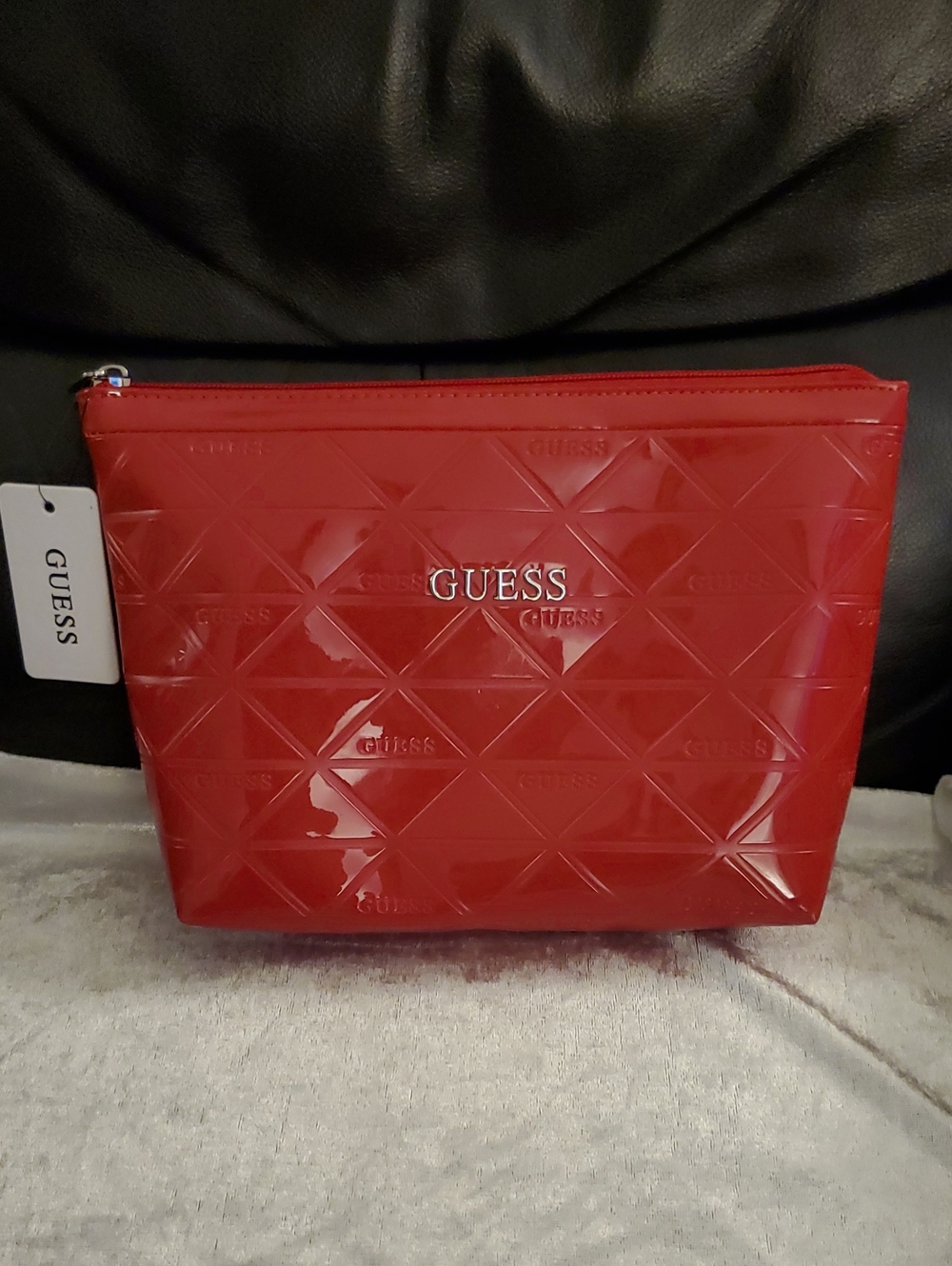 GUESS Logo Holiday Red Glossy Quilted Finneas Travel Make Up Toiletry Bag